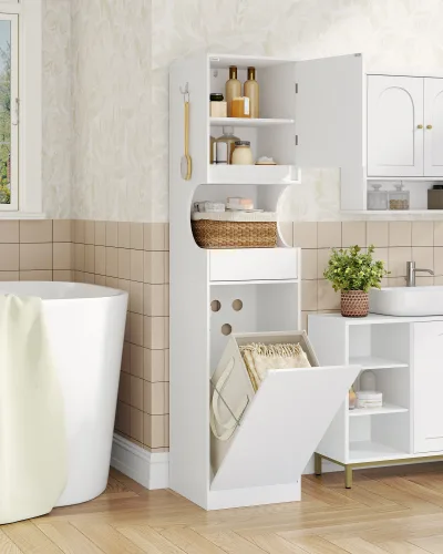 Armoire haute blanche avec panier à linge amovible