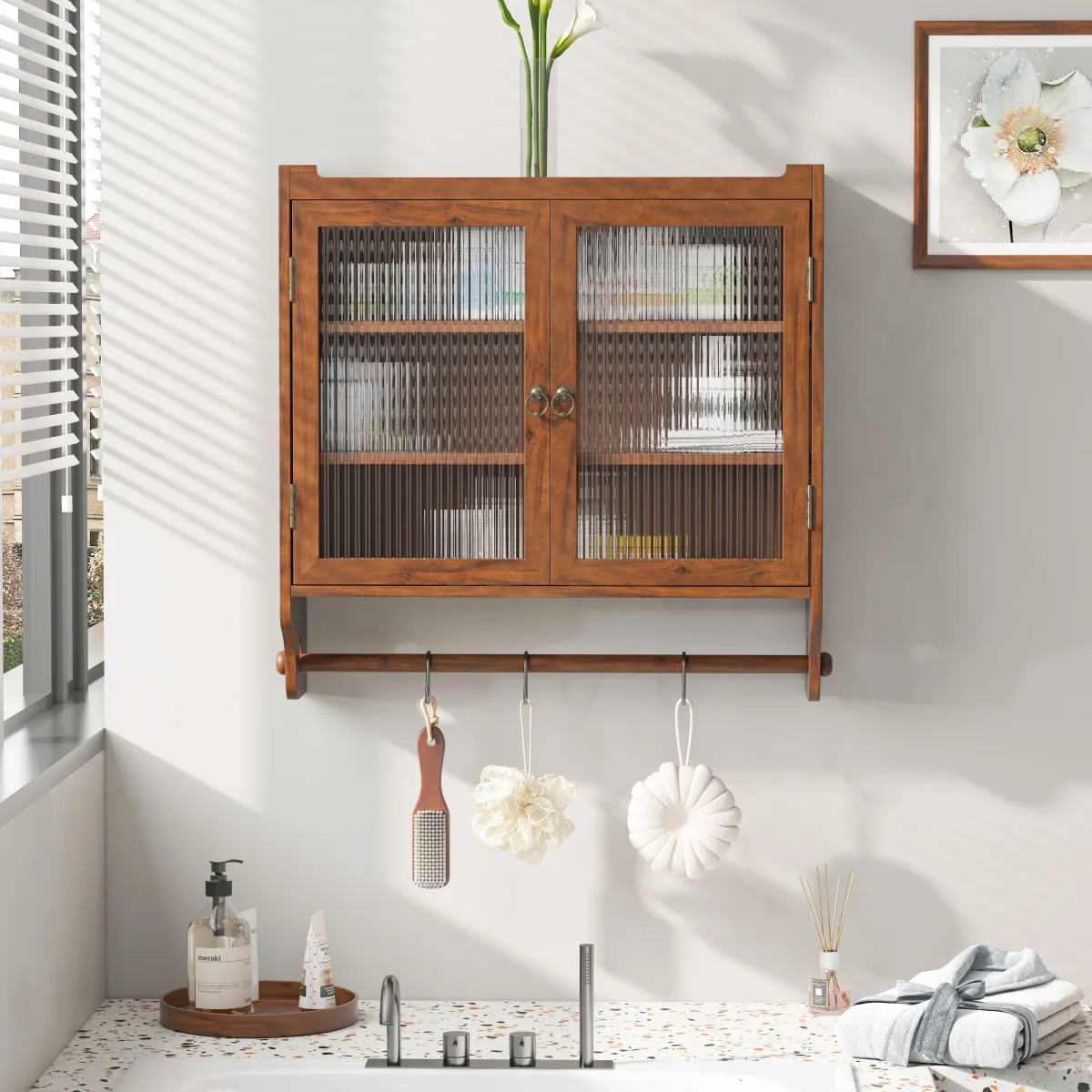 Armoire murale vintage marron, double porte vitrée