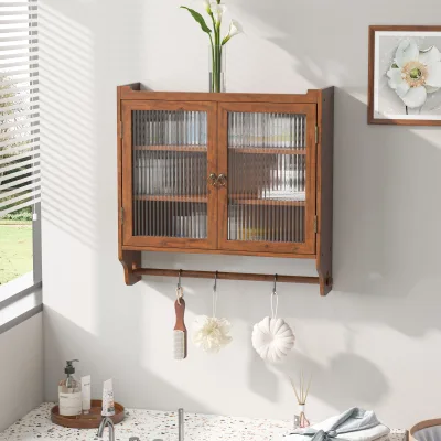 Armoire murale vintage marron, double porte vitrée – image 2
