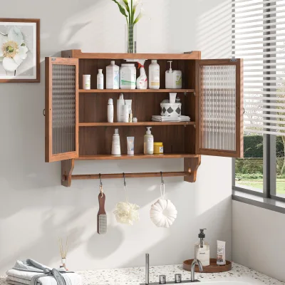 Armoire murale vintage marron, double porte vitrée – image 3
