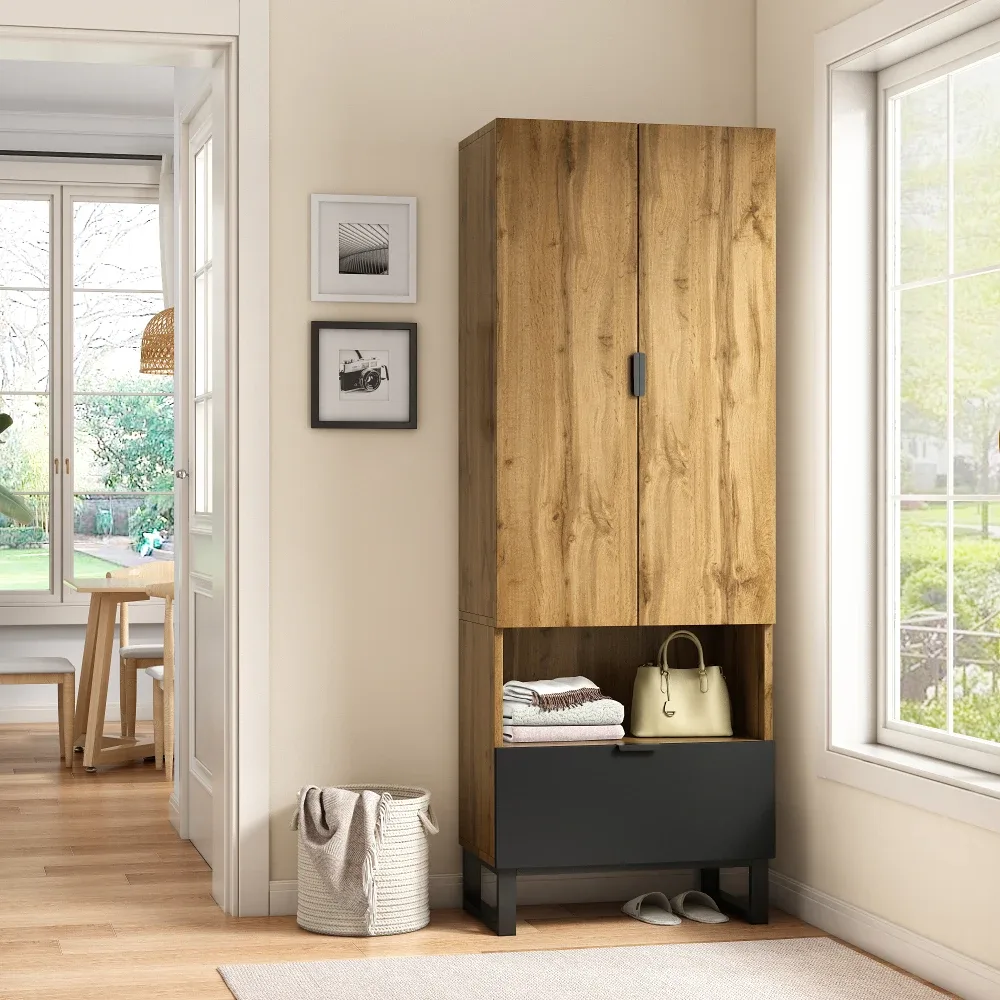 Armoire une porte et tiroir, couleur bois et noir