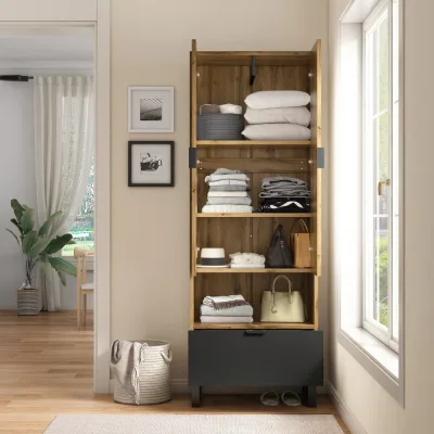 Armoire une porte et tiroir, couleur bois et noir – image 3