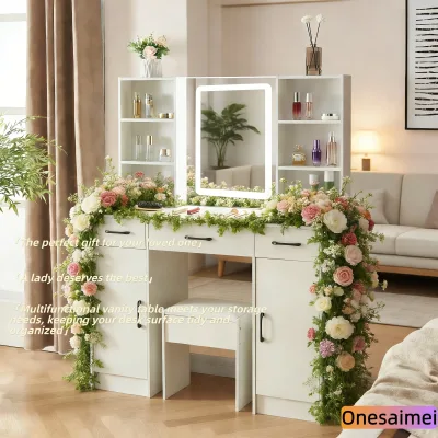 Coiffeuse en bois avec miroir LED et tiroirs – image 2