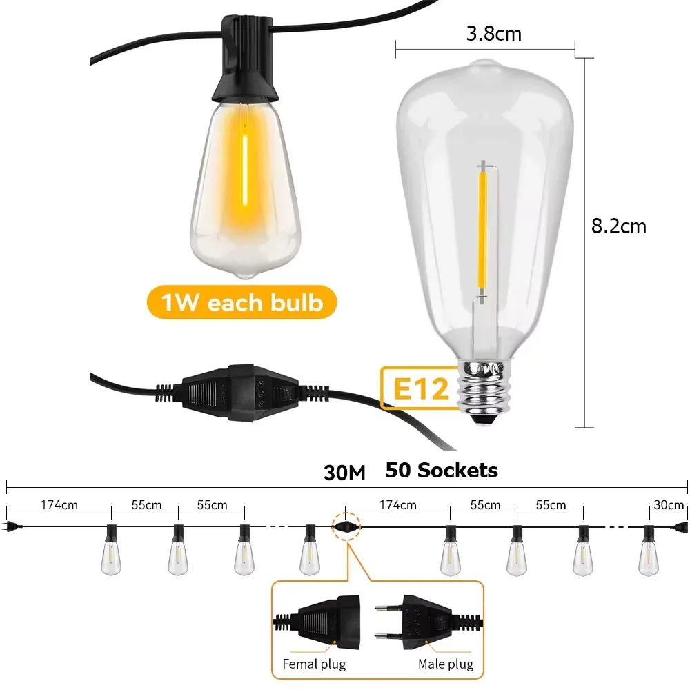 Guirlande lumineuse rétro de 50 ampoules