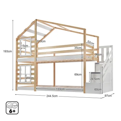 Lit cabane superposé enfant, pin massif et blanc – image 2