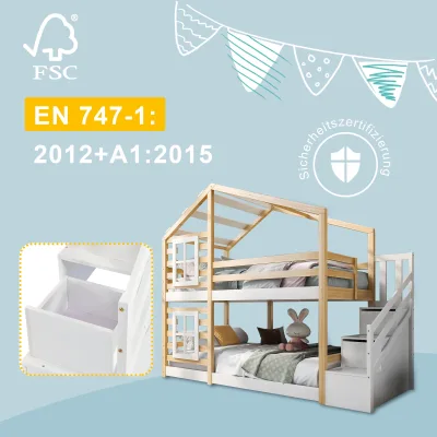 Lit cabane superposé enfant, pin massif et blanc – image 3