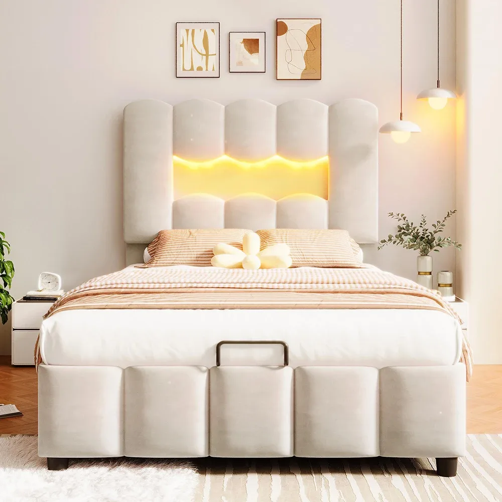 Lit capitonné 90 × 200 cm avec rangement et LED