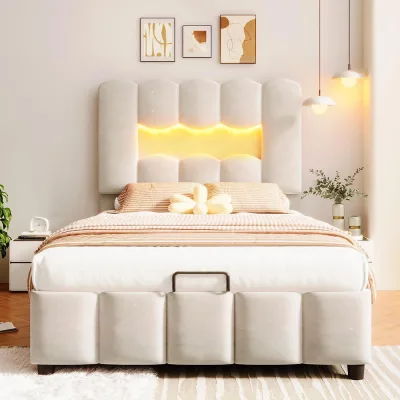 Lit capitonné 90 × 200 cm avec rangement et LED