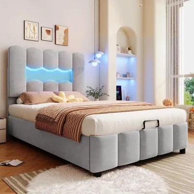Lit capitonné 90 × 200 cm avec rangement et LED – image 3