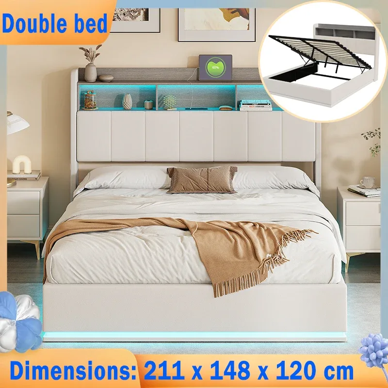 Lit coffre double blanc en velours, LED