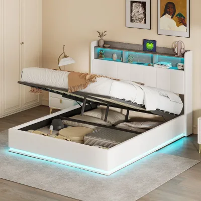 Lit coffre double blanc en velours, LED – image 2