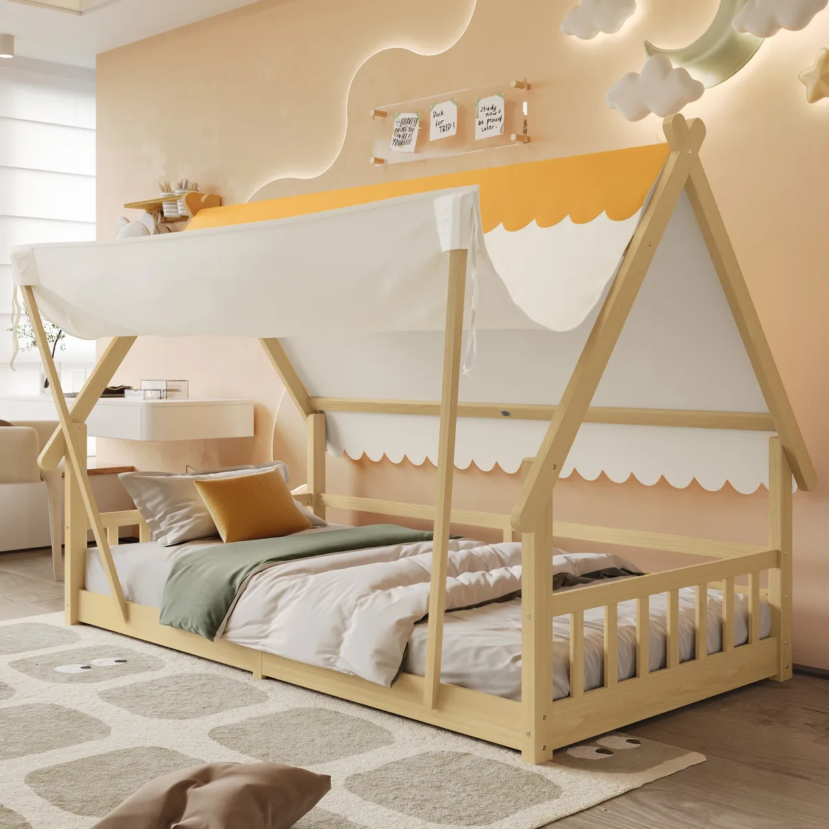 Lit d'enfant en bois forme maison avec tente