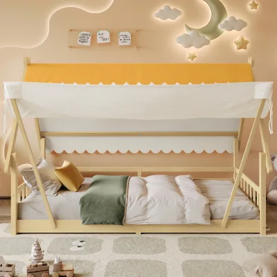 Lit d'enfant en bois forme maison avec tente – image 2