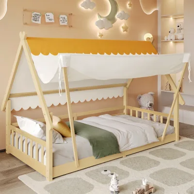 Lit d'enfant en bois forme maison avec tente – image 3
