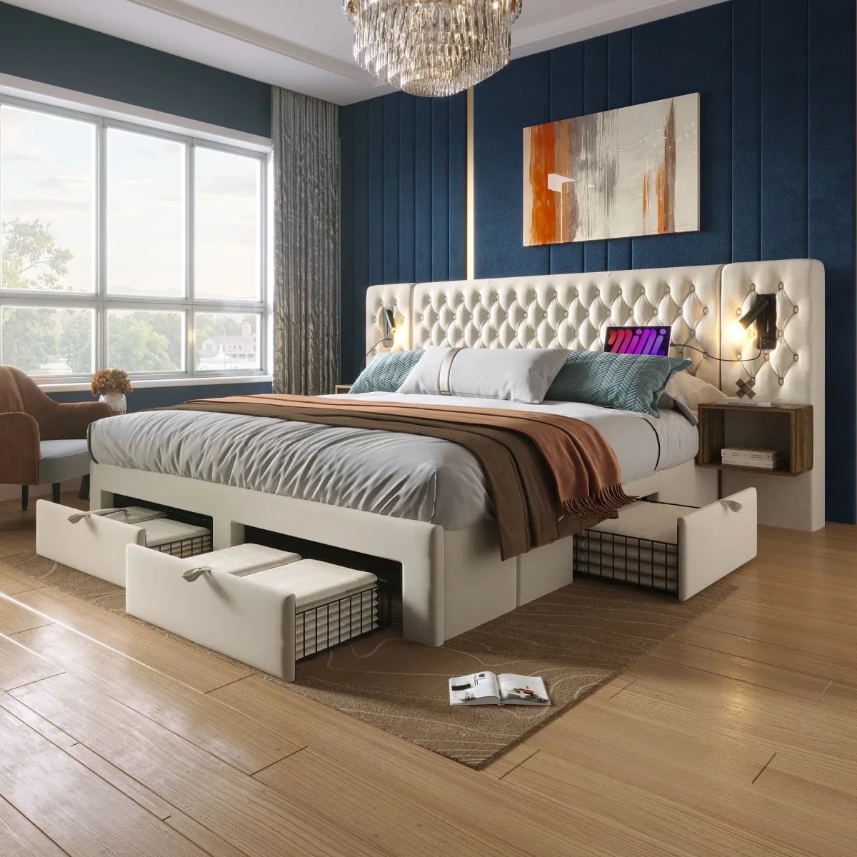 Lit double velours beige avec tables de nuit