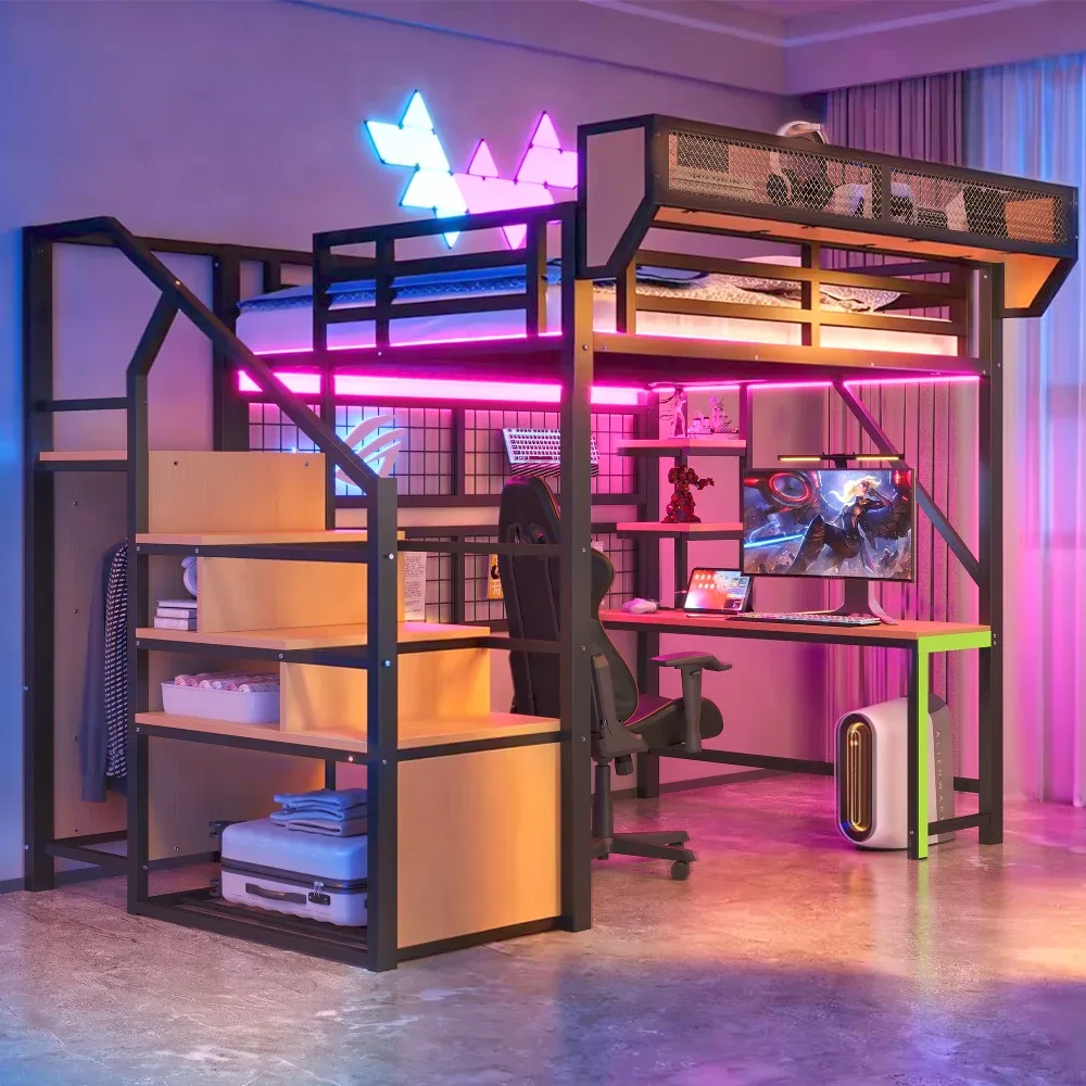 Lit mezzanine métal avec bureau et rangements