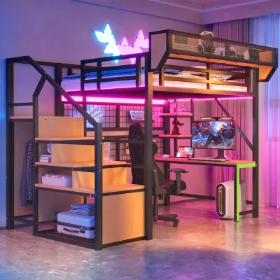 Lit mezzanine métal avec bureau et rangements