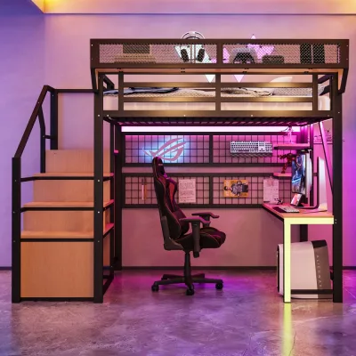 Lit mezzanine métal avec bureau et rangements – image 2