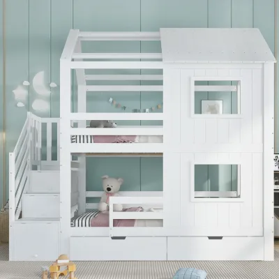 Lit superposé blanc avec escalier de rangement – image 2