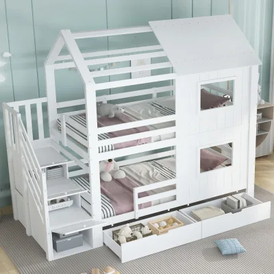 Lit superposé blanc avec escalier de rangement – image 3