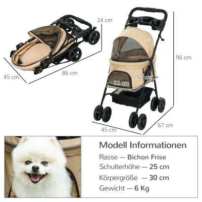 Poussette pliable kaki pour petit chien ou chat – image 3