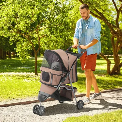 Poussette pliante pour chien et chat, marron café