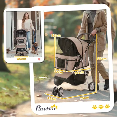 Poussette pliante pour chien et chat, marron café – image 3