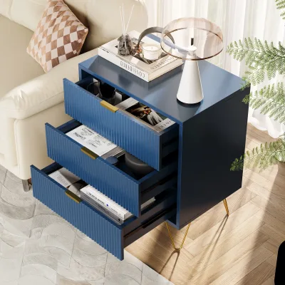 Table de chevet bleu foncé à tiroirs, pieds dorés – image 2